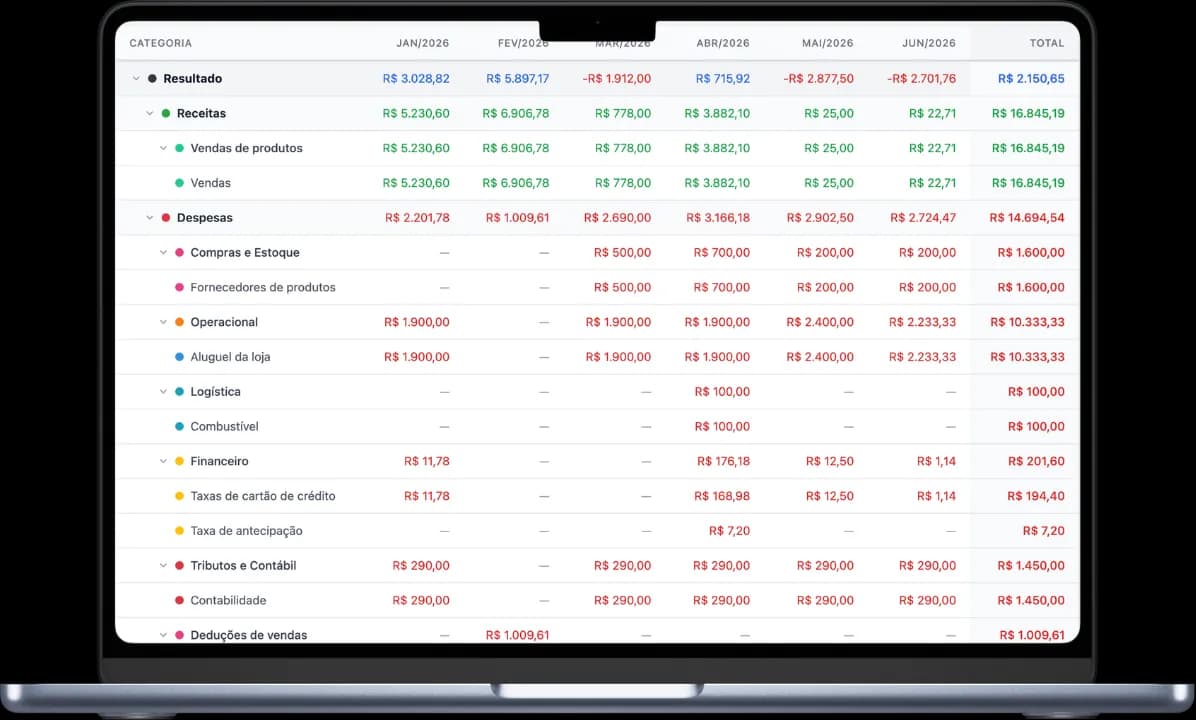 Demonstrativo financeiro do EtiquetAi com receitas e despesas por categoria