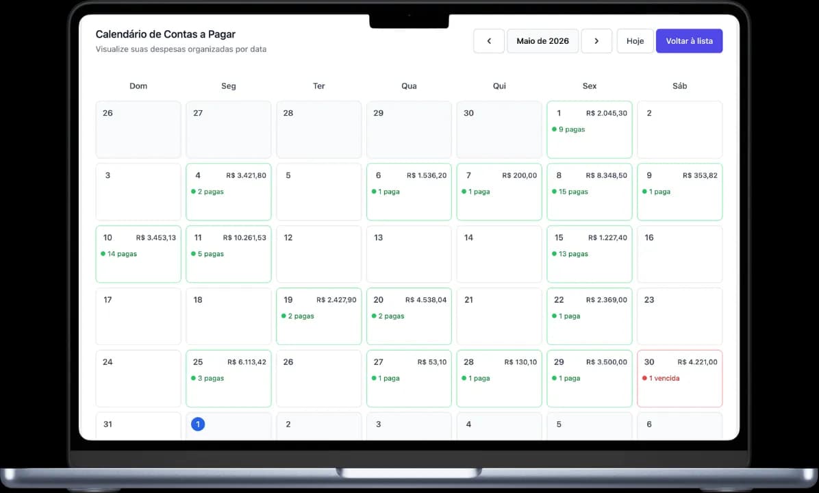 Tela de contas a pagar do EtiquetAi com o calendário de despesas