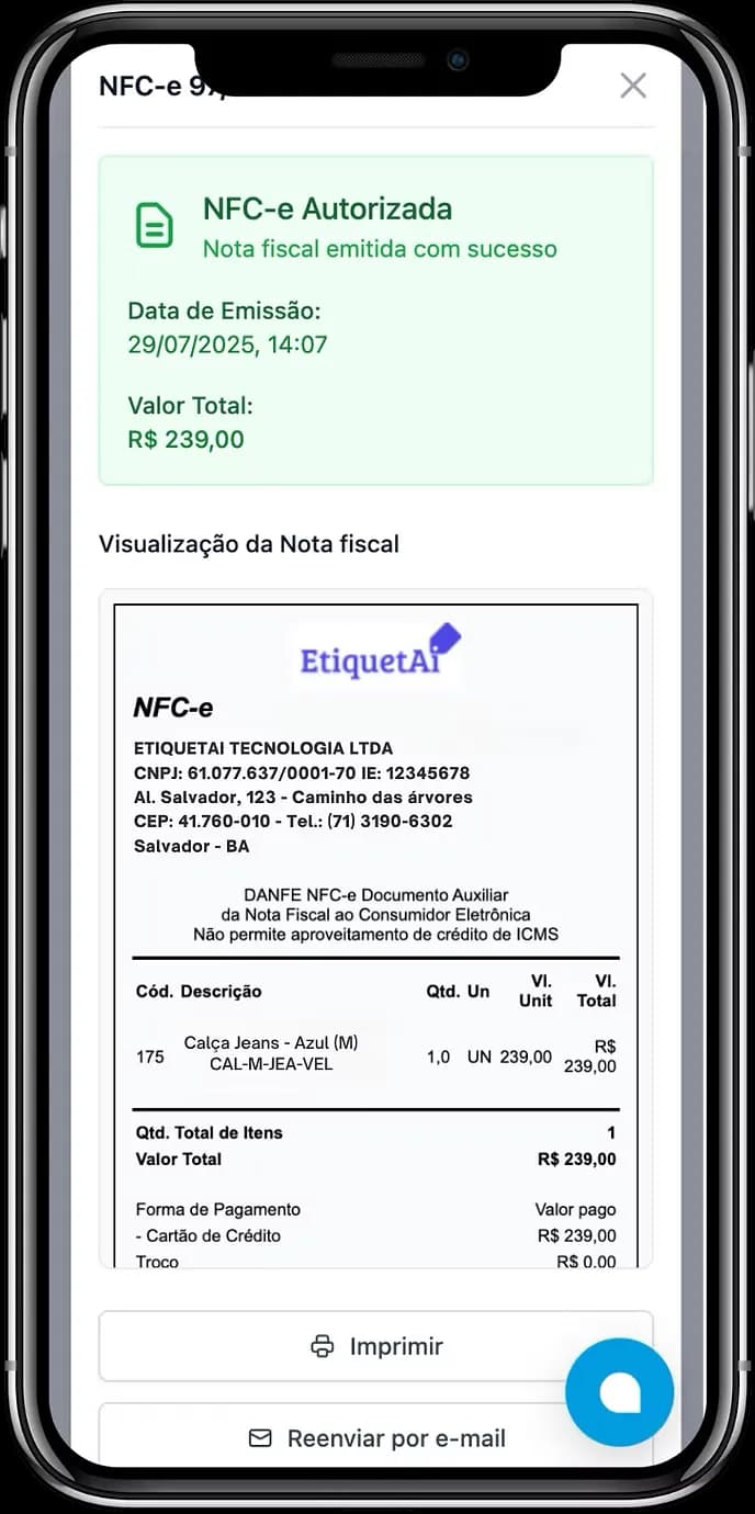 Emissão de NFC-e pelo celular no EtiquetAi