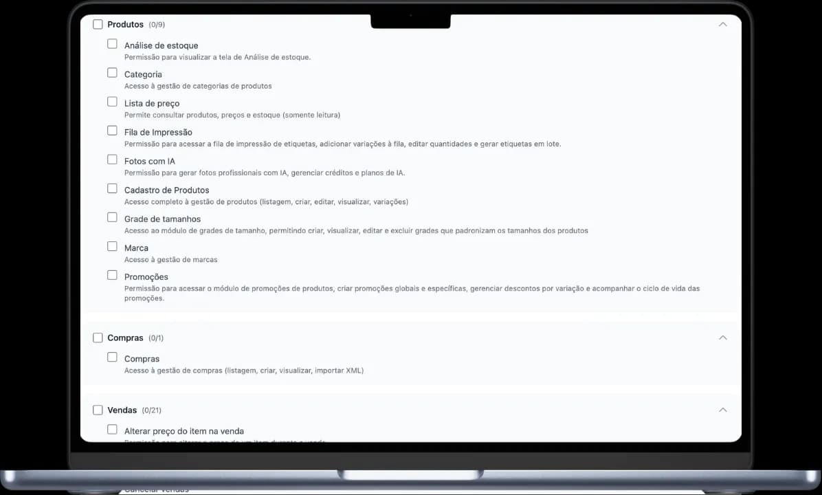 Perfis Gestor, Gerente e Caixa nas permissões do EtiquetAi