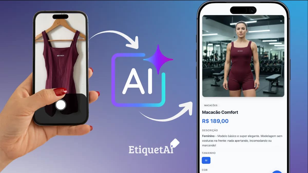 Antes e depois de uma foto de produto tratada pela IA do EtiquetAi