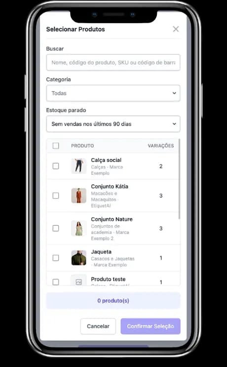 Sugestão de produtos sem giro para promoção no EtiquetAi