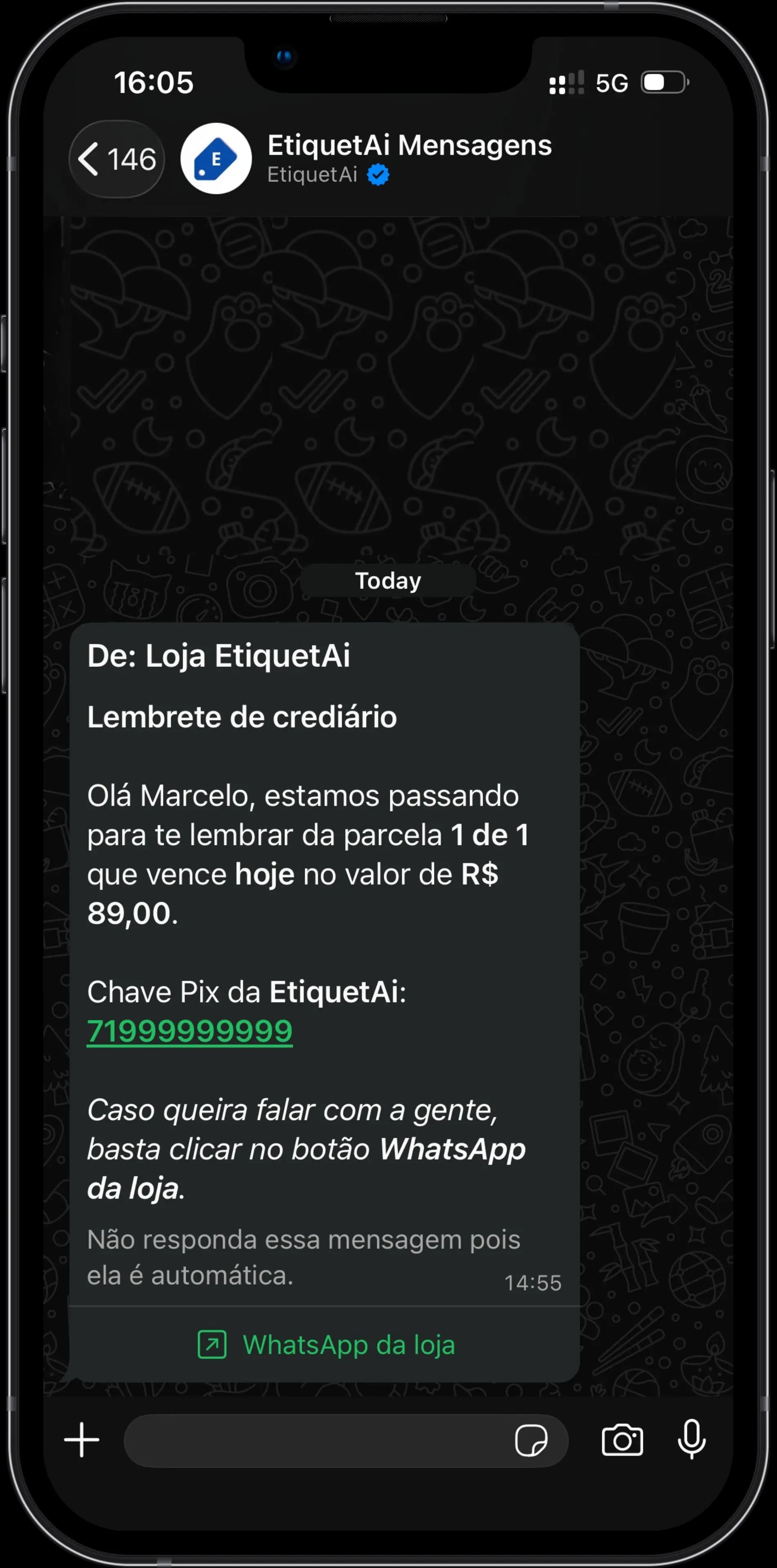 Mensagens automáticas do EtiquetAi no WhatsApp de crediário